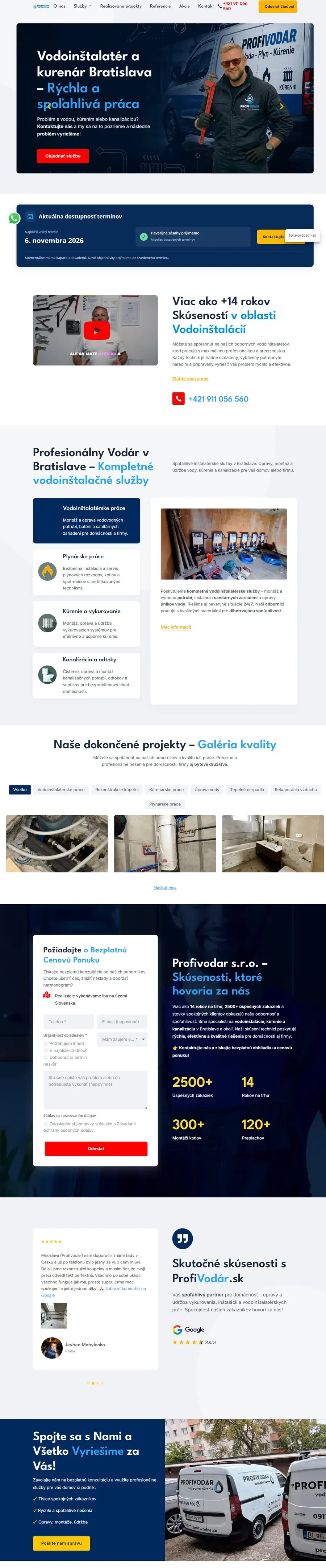 Dlouhý náhled realizovaného webu ProfiVodar